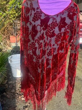 Red Burnout Velvet Fringe Top